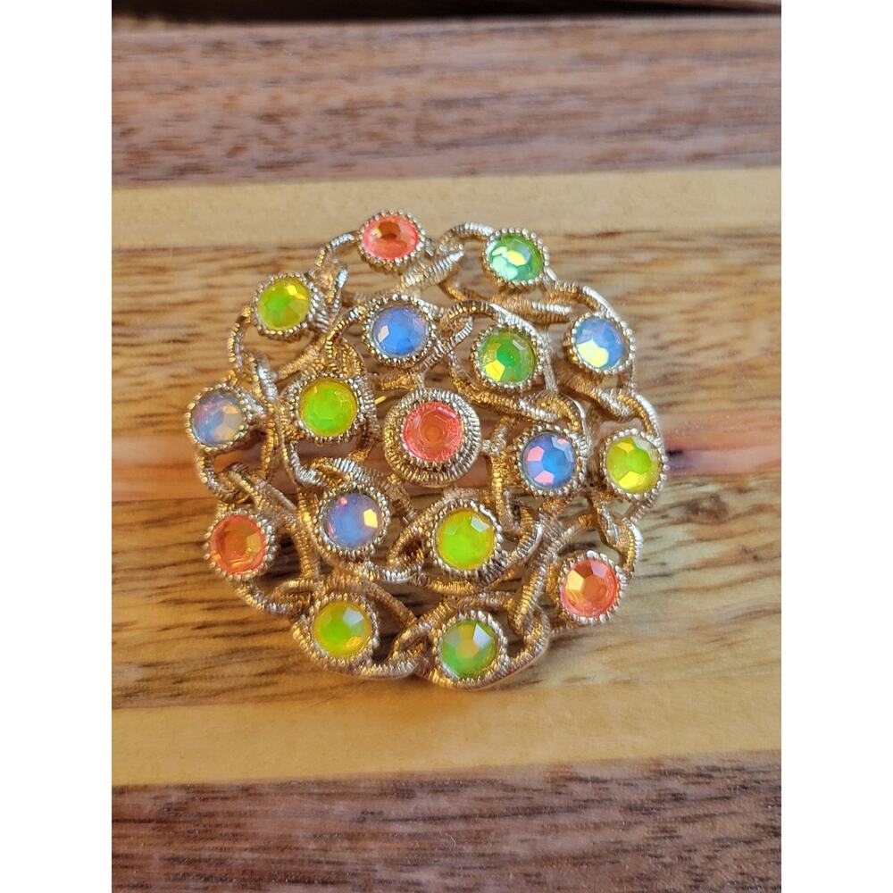Vintage Sarah Coventry "Moon Lites" Brooch: Uranium Glass Rhinestones, 1970s...